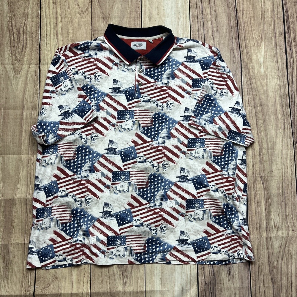 American Legacy Mens 2XL Patriotic USA Flag Mount Rushmore Polo Shirt